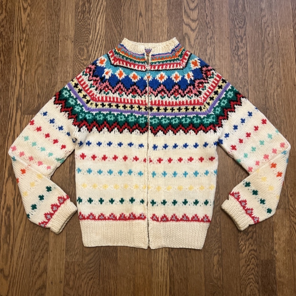 Vintage 50s Wool Hand Knit Colorful Zip Up Sweater Cream Fair Isle M Holy Grail